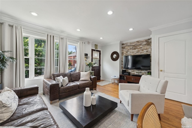 living room with crown molding and light hardwood / wood-style flooring