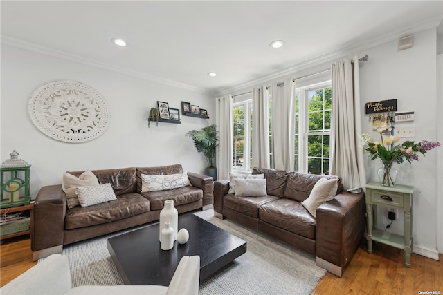 living room with hardwood / wood-style flooring and ornamental molding