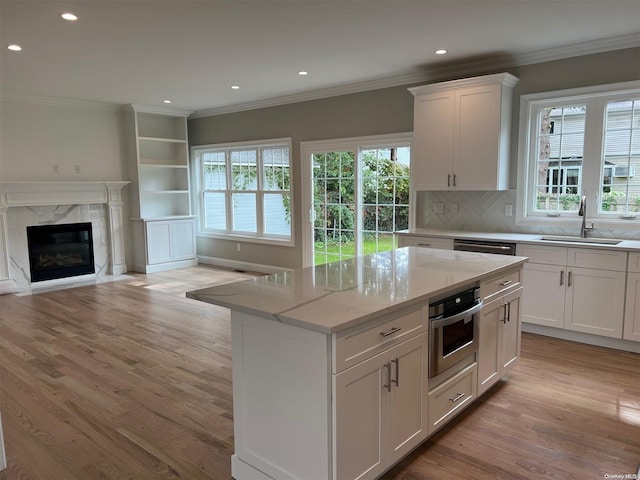 kitchen featuring light stone countertops, a high end fireplace, stainless steel appliances, sink, and white cabinetry