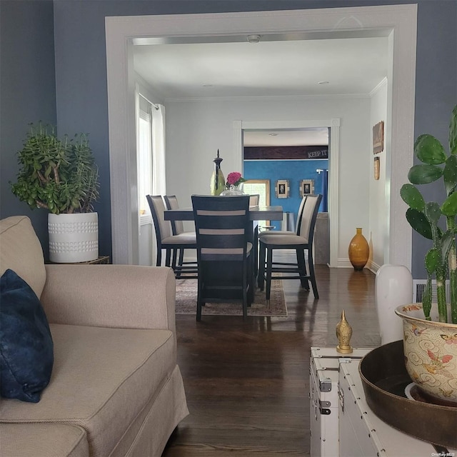 dining room with ornamental molding and dark wood-type flooring