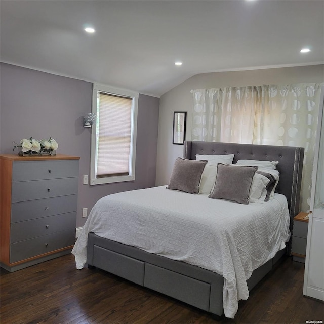 bedroom featuring dark wood-type flooring and vaulted ceiling