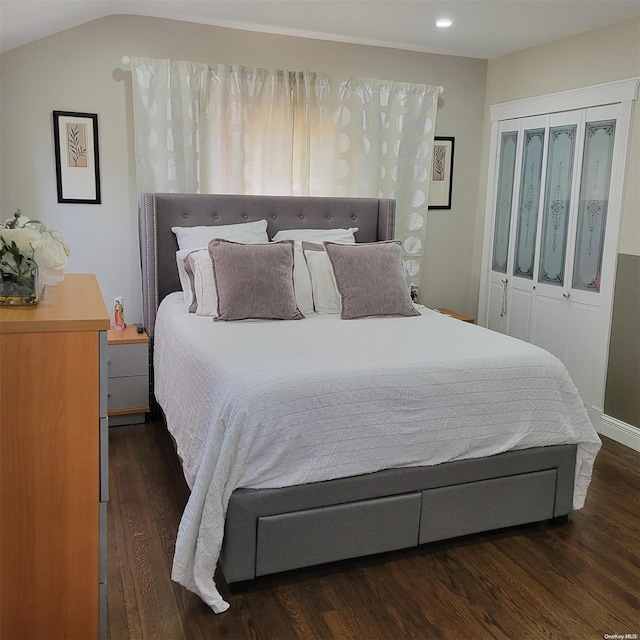 bedroom featuring dark hardwood / wood-style floors, vaulted ceiling, and a closet