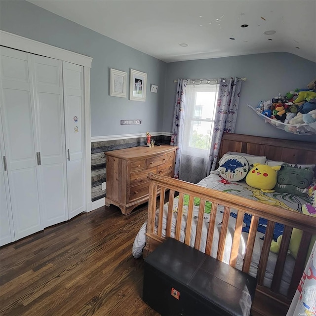 bedroom featuring lofted ceiling and dark wood-type flooring