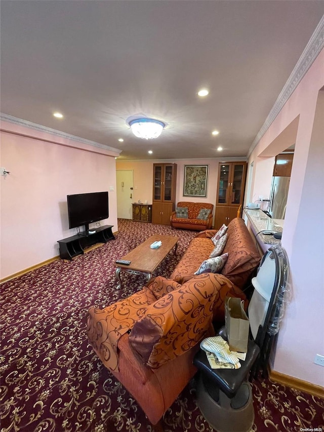 carpeted living room with crown molding