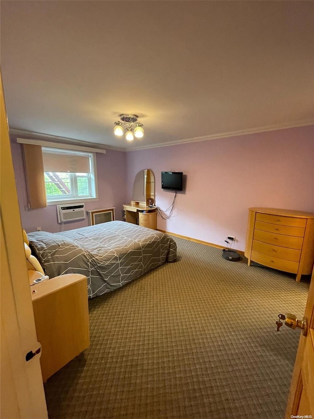 carpeted bedroom featuring a wall mounted AC and ornamental molding