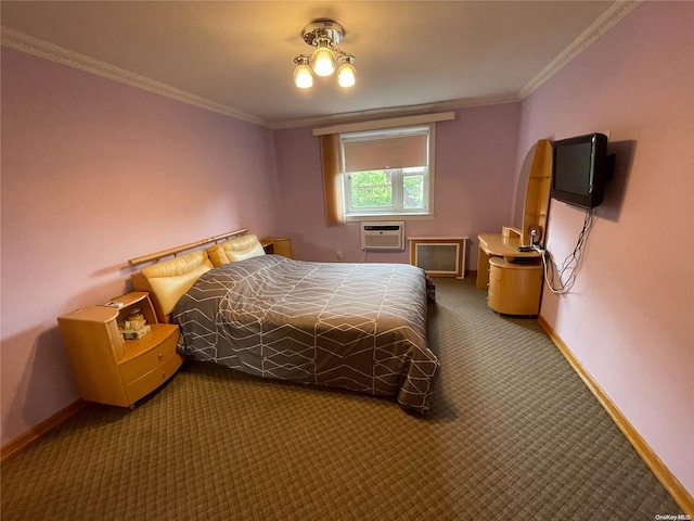 carpeted bedroom featuring a wall unit AC and crown molding