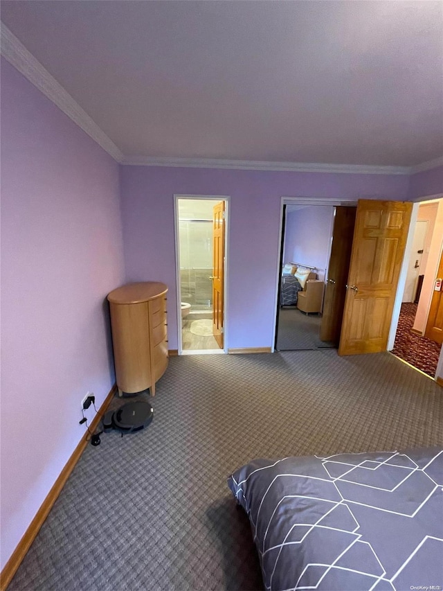 carpeted bedroom featuring ornamental molding