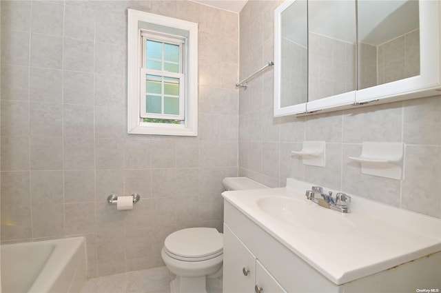 bathroom featuring vanity, tile walls, and toilet