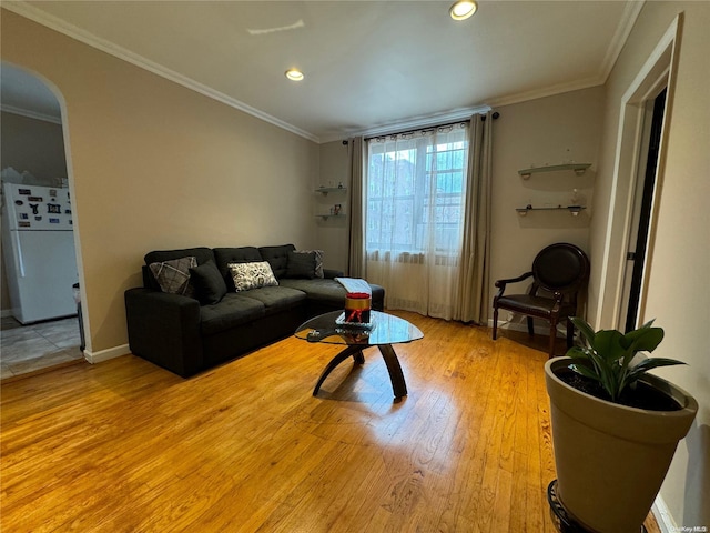 living room with light hardwood / wood-style floors and crown molding