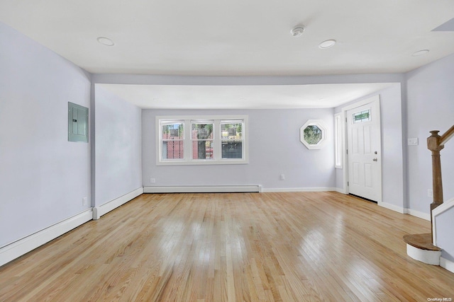 interior space with electric panel, light hardwood / wood-style flooring, and a baseboard radiator