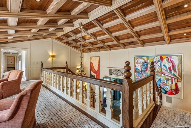 hallway with vaulted ceiling with beams and wood ceiling