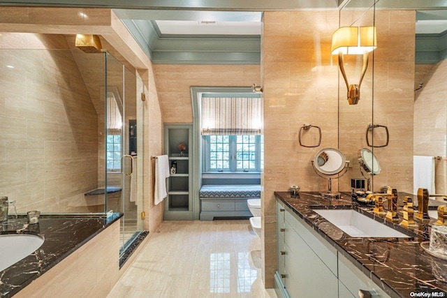 bathroom featuring walk in shower, a bidet, toilet, and tile walls