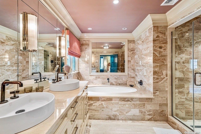 bathroom featuring vanity, ornamental molding, and plus walk in shower