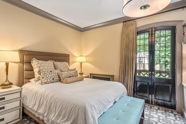 bedroom with french doors and ornamental molding