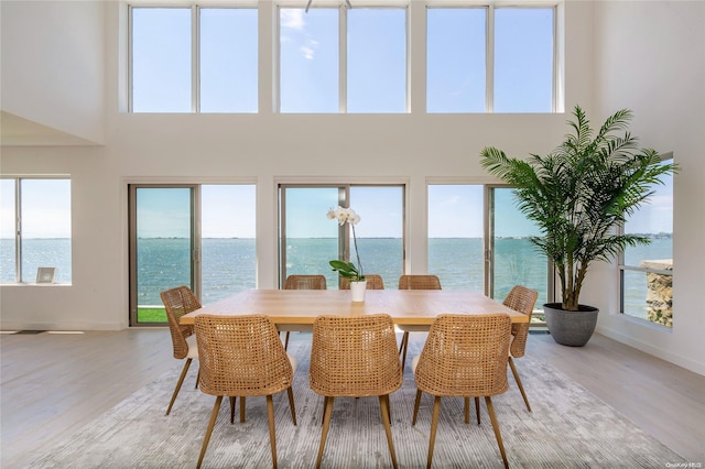 dining space with a water view, light hardwood / wood-style floors, and a high ceiling