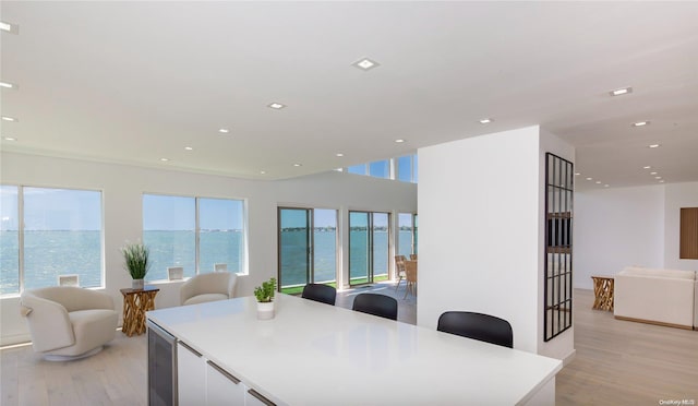 dining area featuring a wealth of natural light, a water view, and light hardwood / wood-style floors