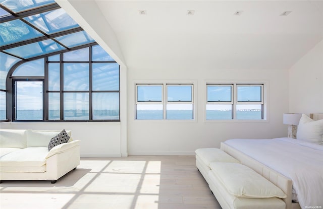 bedroom featuring multiple windows, light hardwood / wood-style floors, and lofted ceiling