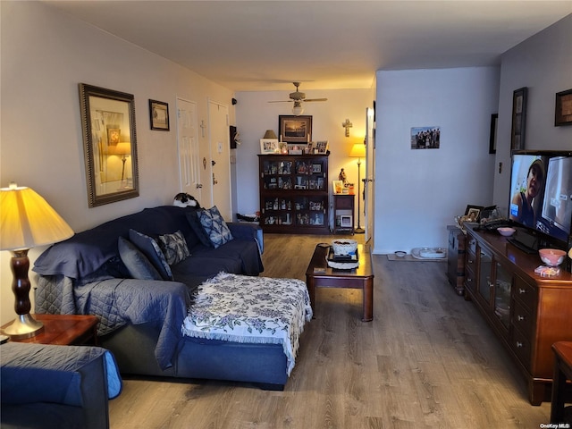 living room with ceiling fan and wood-type flooring