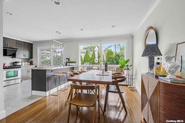 dining room with light hardwood / wood-style flooring, ornamental molding, and sink