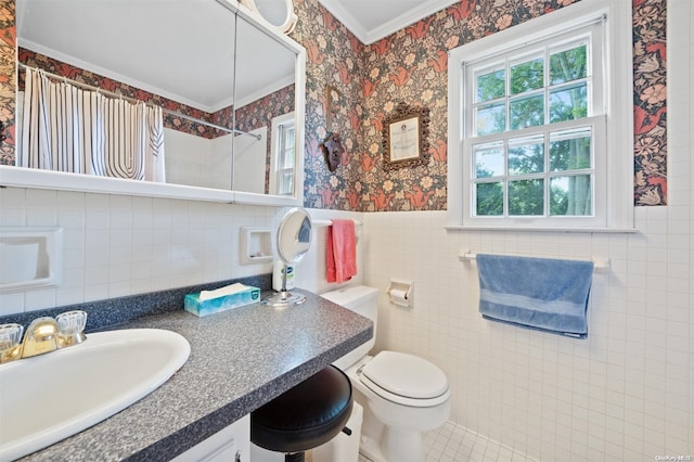 bathroom with ornamental molding, tile walls, tile patterned flooring, toilet, and curtained shower