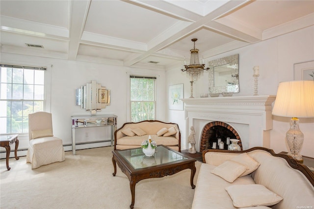 living area featuring carpet flooring, beam ceiling, coffered ceiling, a brick fireplace, and a baseboard heating unit