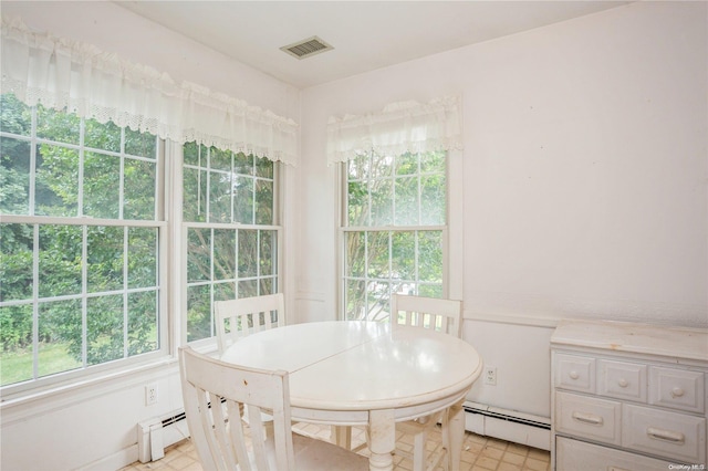 dining space featuring a baseboard radiator and a healthy amount of sunlight