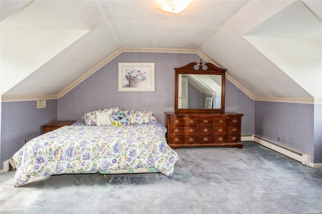 carpeted bedroom with baseboard heating and vaulted ceiling