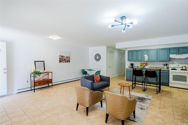 tiled living room featuring a chandelier and a baseboard radiator