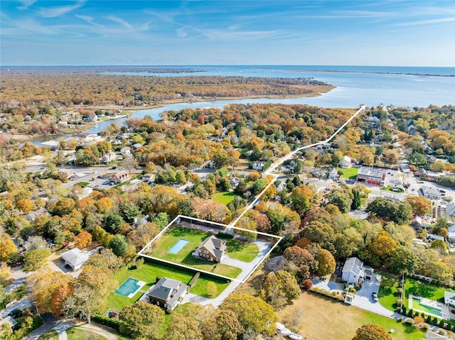 aerial view featuring a water view