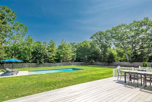 wooden deck featuring a fenced in pool and a yard