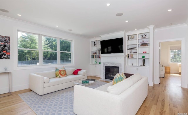 living room with light hardwood / wood-style floors, ornamental molding, and a fireplace