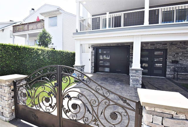 exterior space with a garage