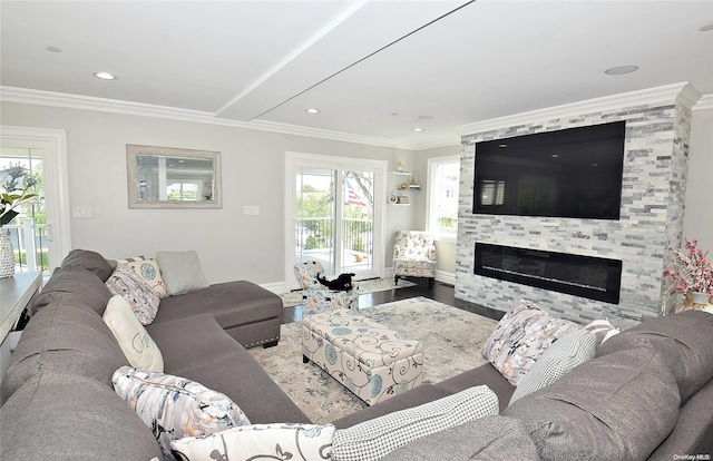 living room featuring a large fireplace, light hardwood / wood-style floors, and ornamental molding