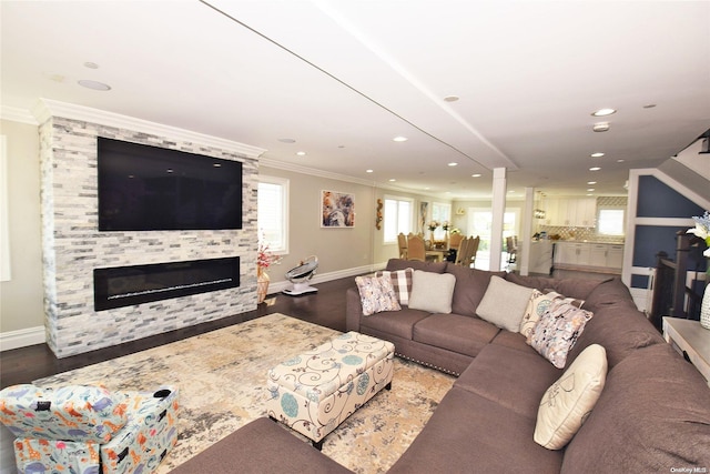 living room featuring dark hardwood / wood-style flooring, crown molding, and a stone fireplace