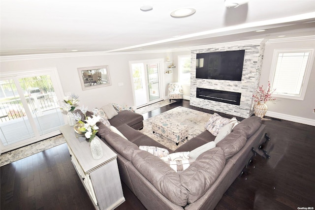 living room featuring dark wood-type flooring, plenty of natural light, crown molding, and a fireplace