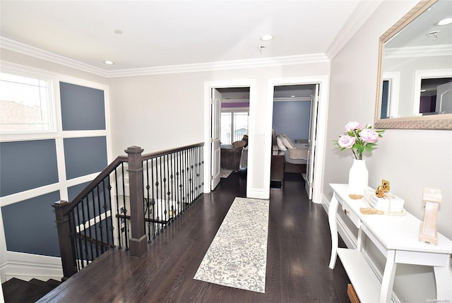 corridor featuring dark hardwood / wood-style flooring and ornamental molding