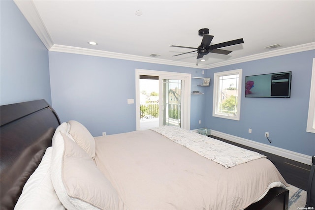 bedroom with ceiling fan, access to exterior, hardwood / wood-style flooring, and crown molding