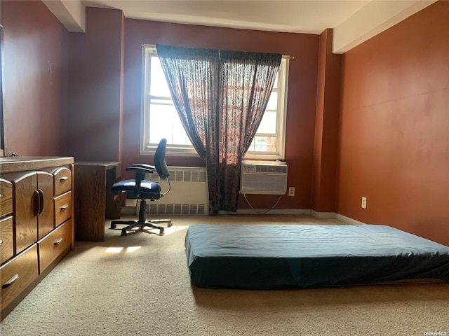 bedroom with light colored carpet and radiator heating unit