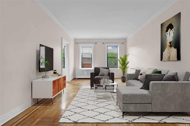 living room featuring crown molding and light parquet floors