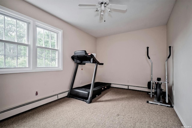 exercise area featuring carpet, a baseboard radiator, and ceiling fan