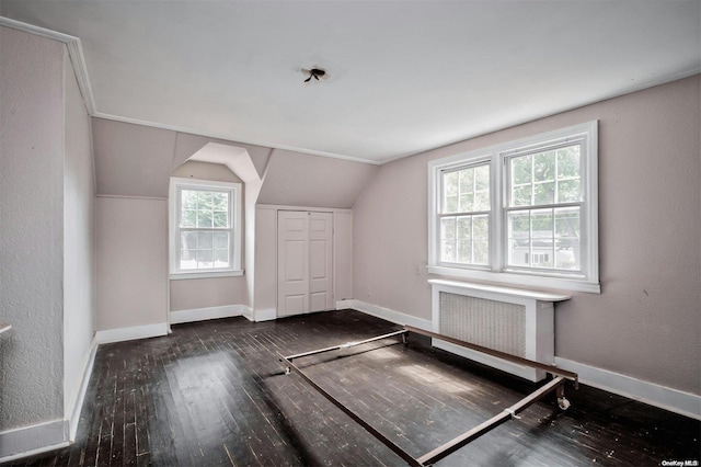 bonus room featuring dark hardwood / wood-style floors, vaulted ceiling, and radiator