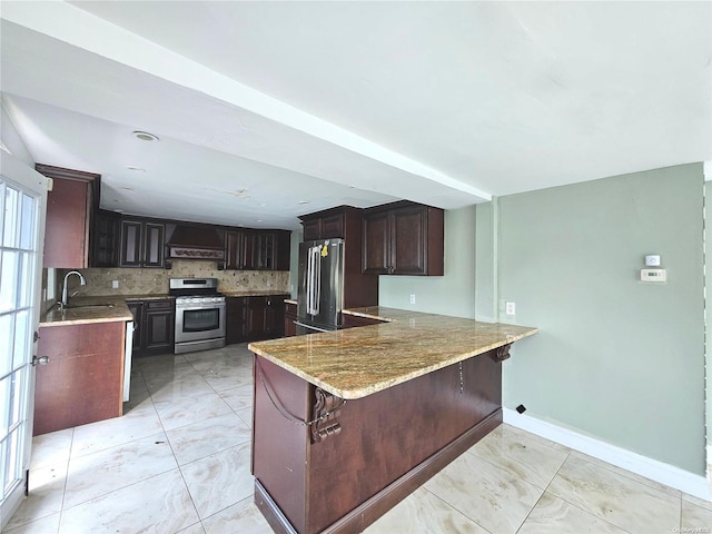 kitchen featuring kitchen peninsula, appliances with stainless steel finishes, backsplash, custom exhaust hood, and sink