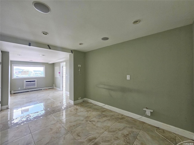 unfurnished room featuring an AC wall unit and a baseboard radiator