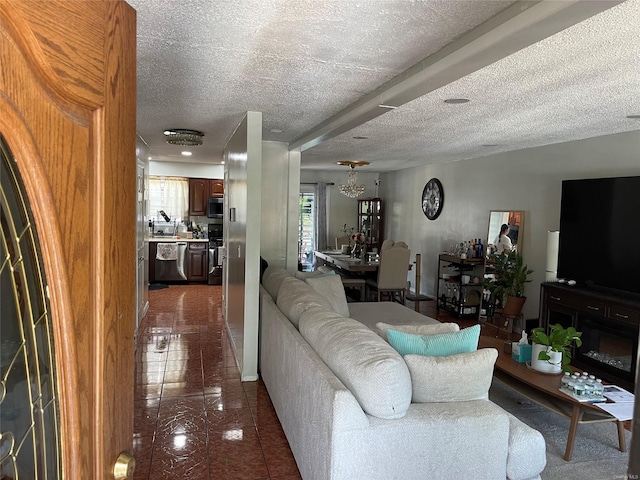 living room featuring a textured ceiling