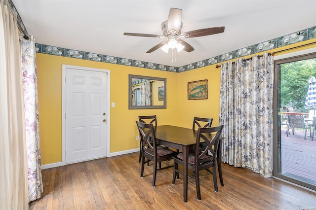 dining space with ceiling fan and wood-type flooring