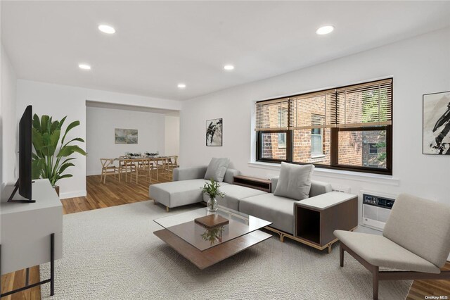 living room with wood-type flooring and a wall mounted AC