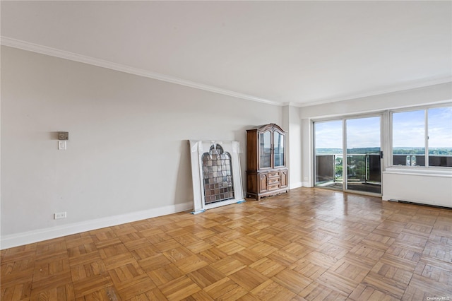 unfurnished living room featuring crown molding and light parquet flooring