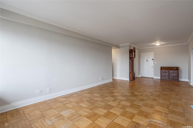 unfurnished living room featuring light parquet flooring and ornamental molding