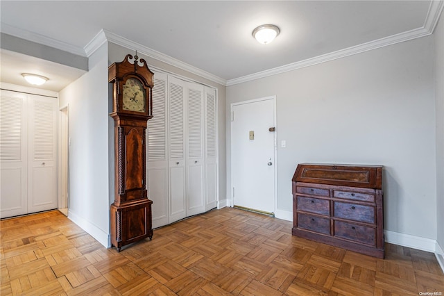 hall with crown molding and light parquet flooring