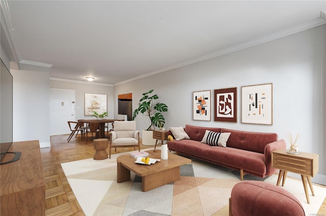 living room featuring light parquet flooring and ornamental molding